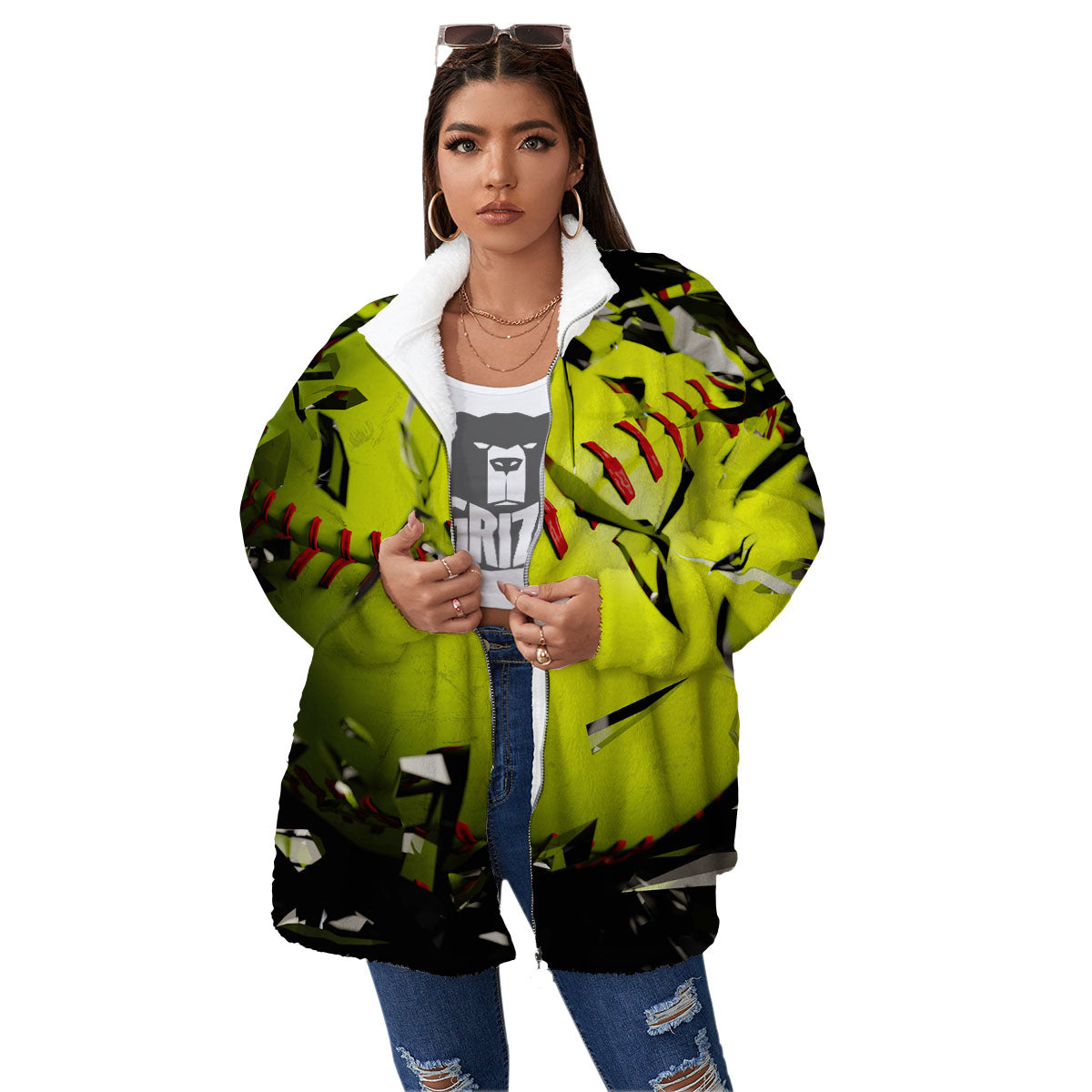 3D Baseballs Print Women's Sherpa Jacket-grizzshop