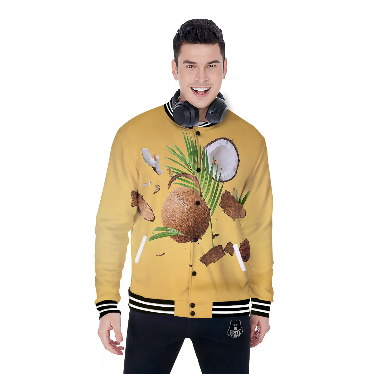 3D Coconut Print Baseball Jacket-grizzshop