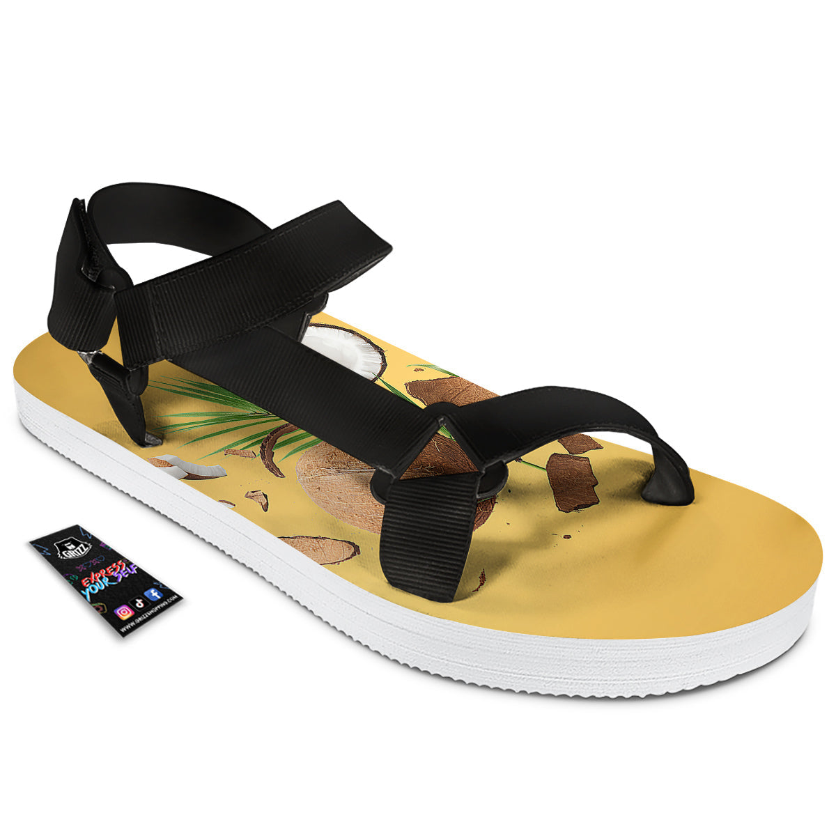 3D Coconut Print Black Open Toe Sandals-grizzshop