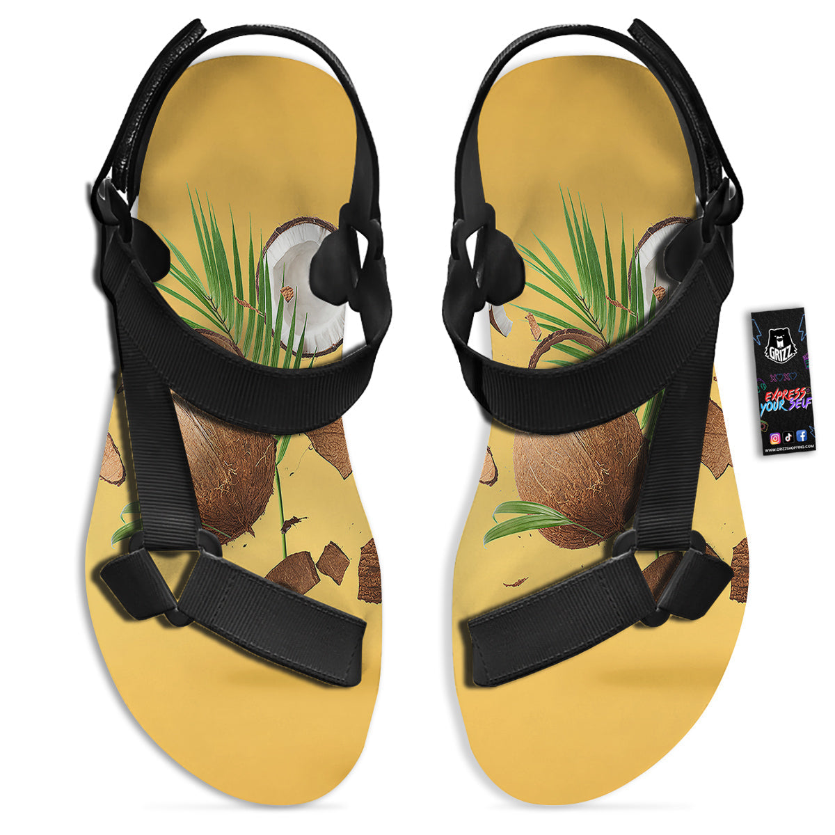 3D Coconut Print Black Open Toe Sandals-grizzshop