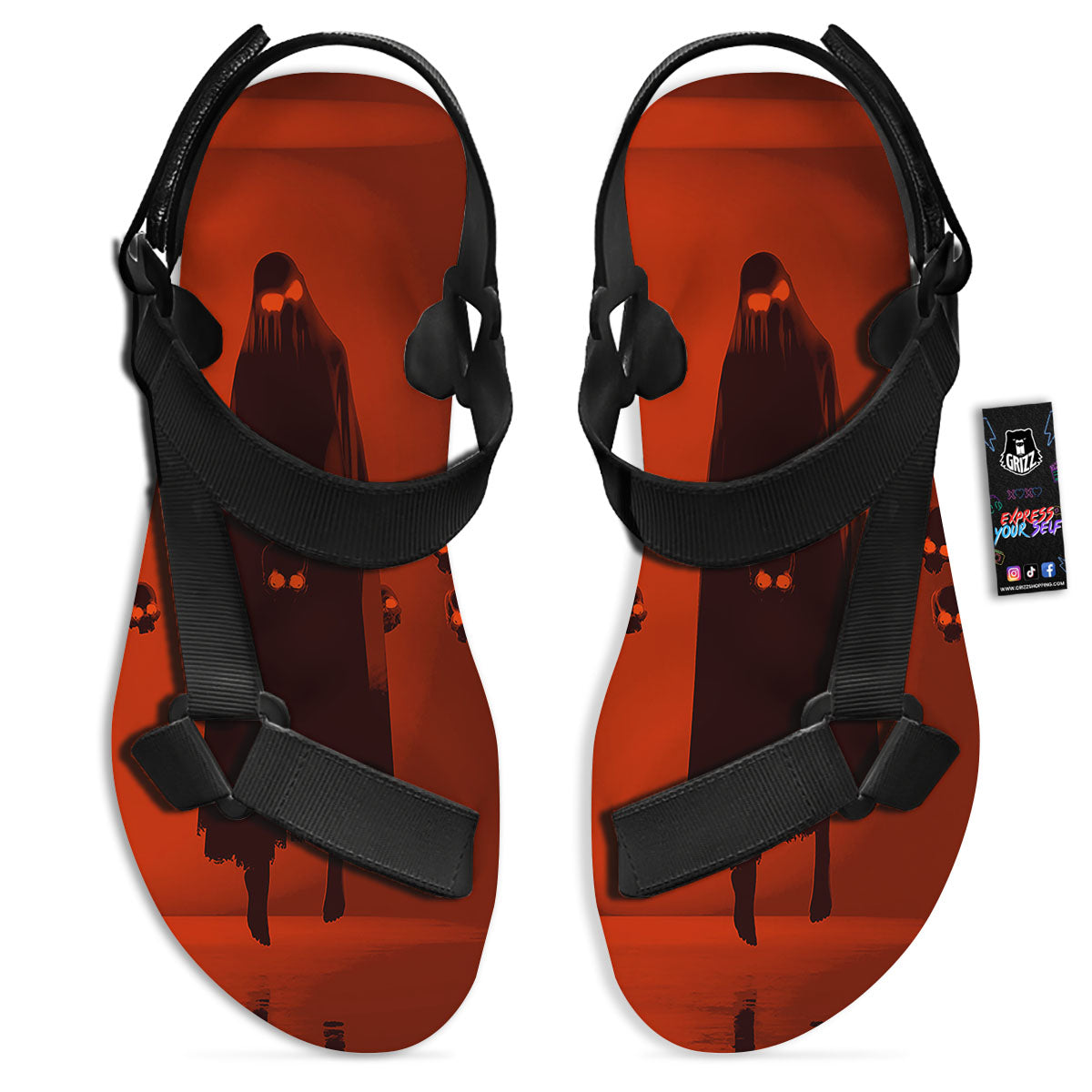 3D Ghost In The Darkness Print Black Open Toe Sandals-grizzshop