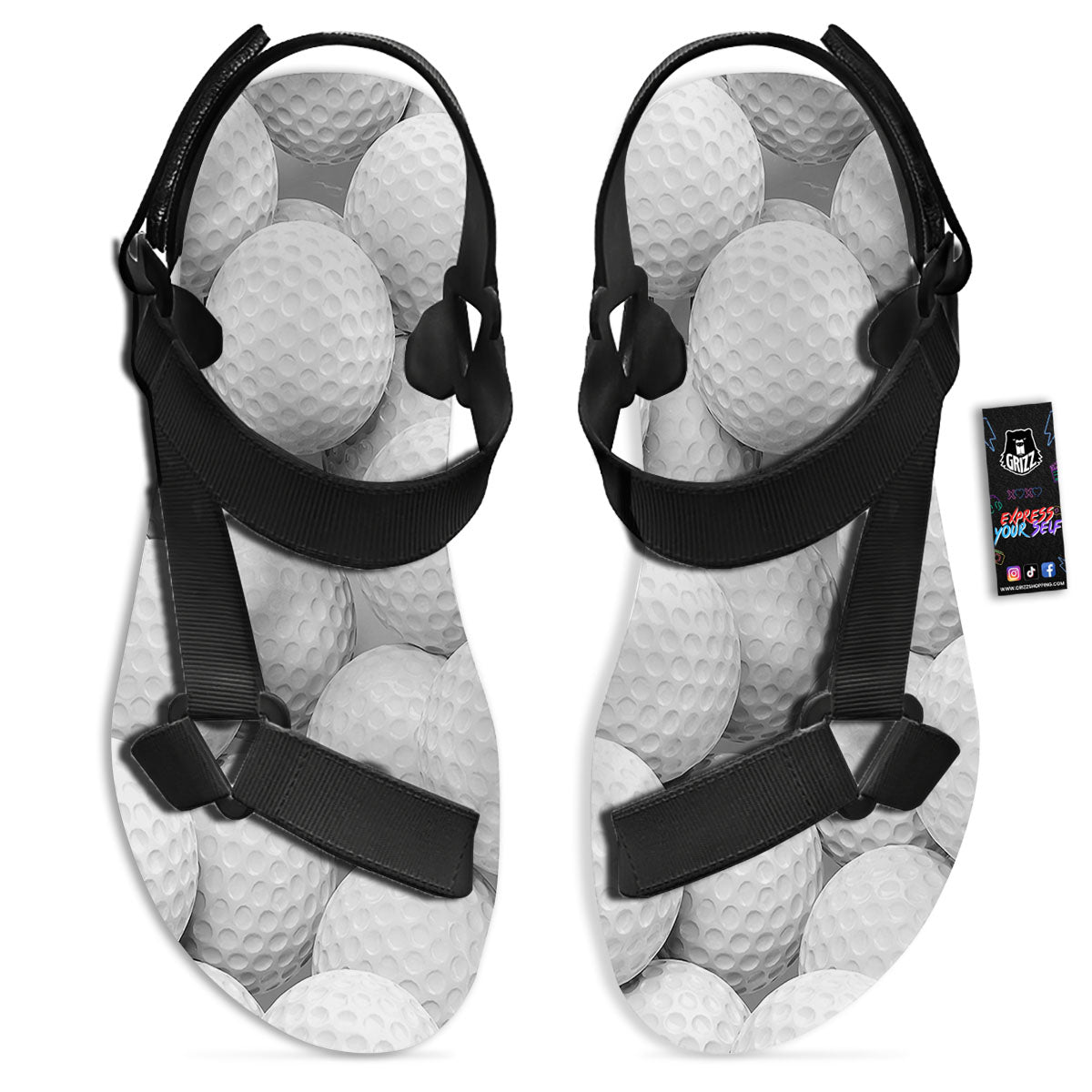 3D Golf Ball Print Black Open Toe Sandals-grizzshop