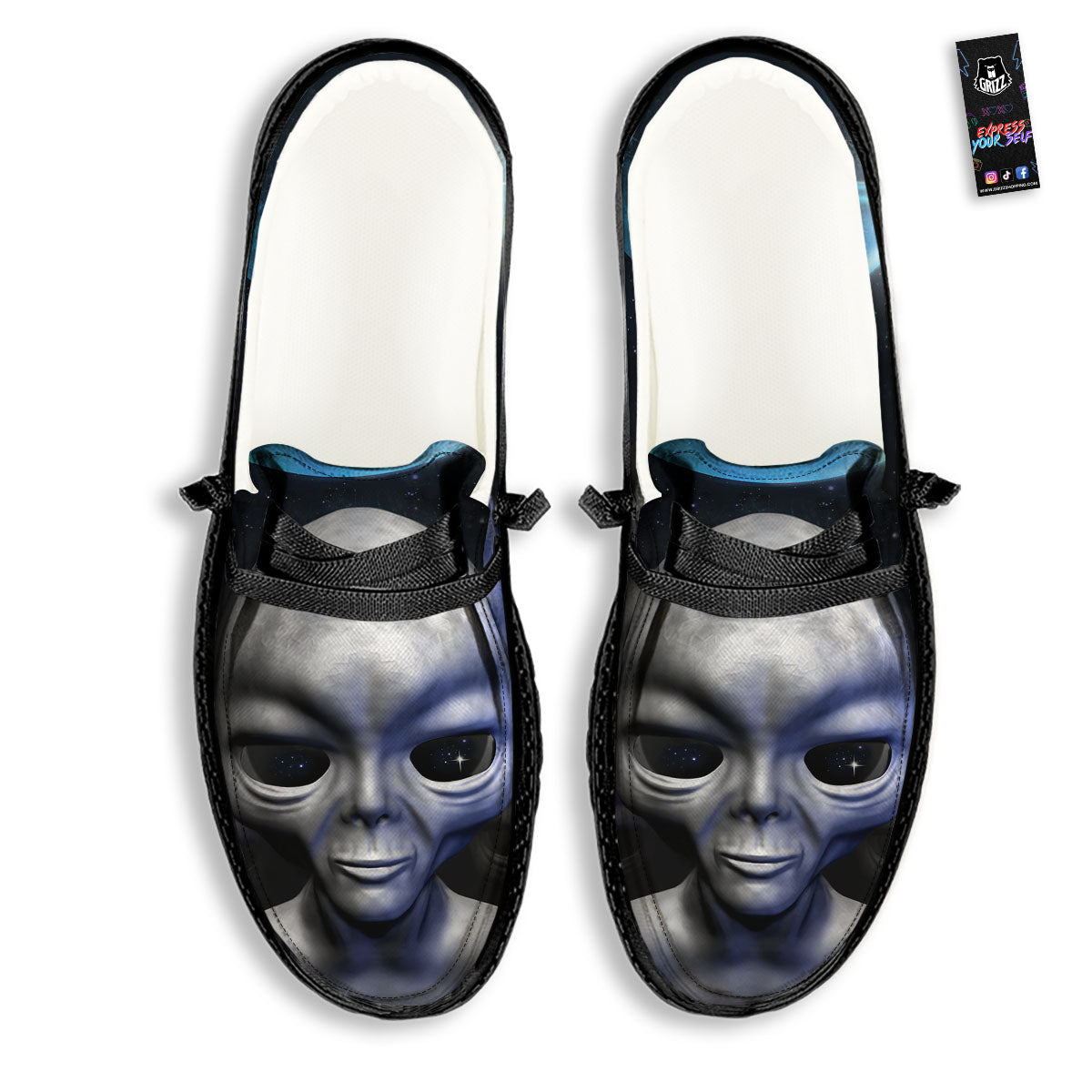 3D Grey Alien Print Black Loafers-grizzshop