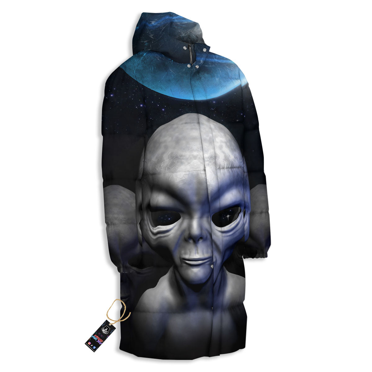 3D Grey Alien Print Long Down Jacket-grizzshop
