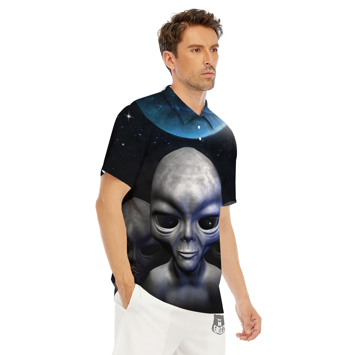 3D Grey Alien Print Men's Golf Shirts-grizzshop