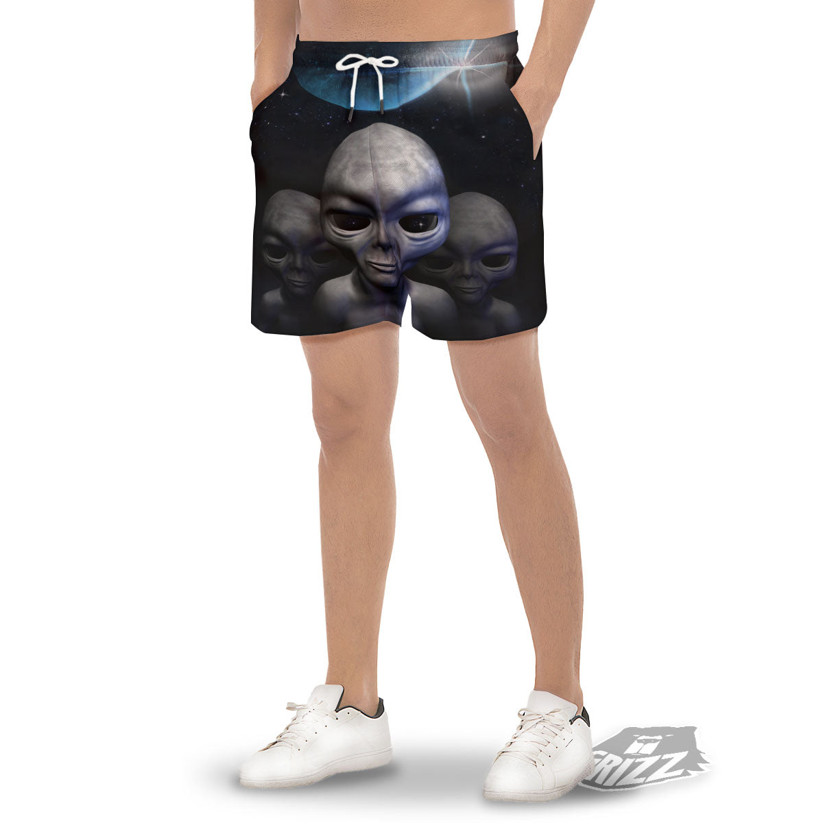 3D Grey Alien Print Men's Gym Shorts-grizzshop