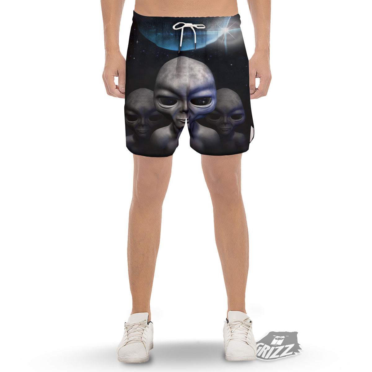 3D Grey Alien Print Men's Gym Shorts-grizzshop
