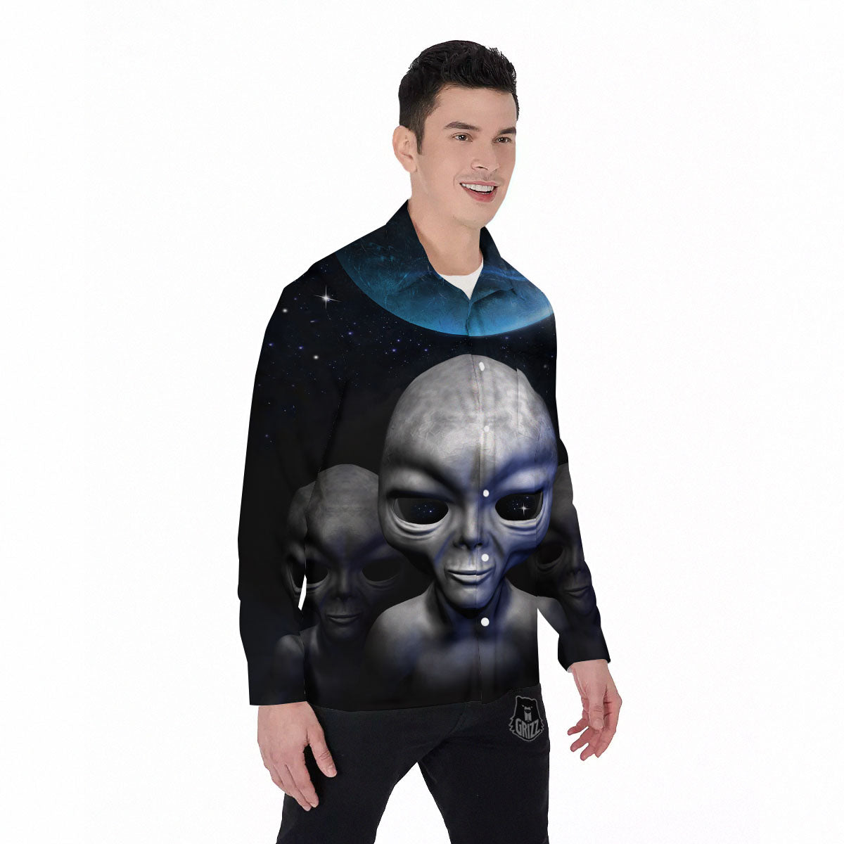 3D Grey Alien Print Men's Long Sleeve Shirts-grizzshop