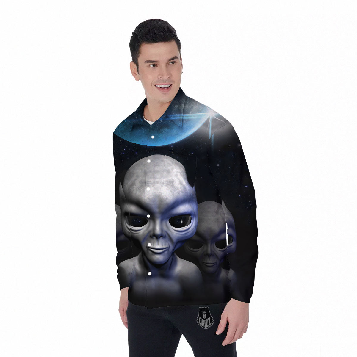 3D Grey Alien Print Men's Long Sleeve Shirts-grizzshop