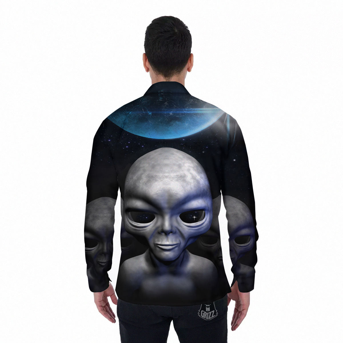3D Grey Alien Print Men's Long Sleeve Shirts-grizzshop