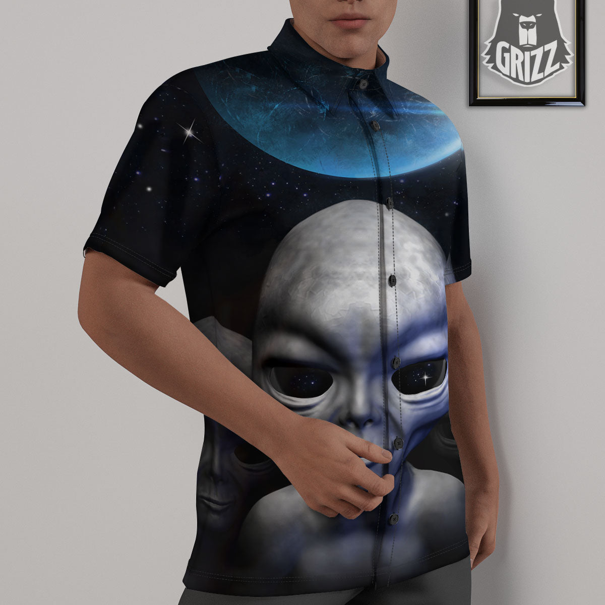 3D Grey Alien Print Untucked Shirts-grizzshop
