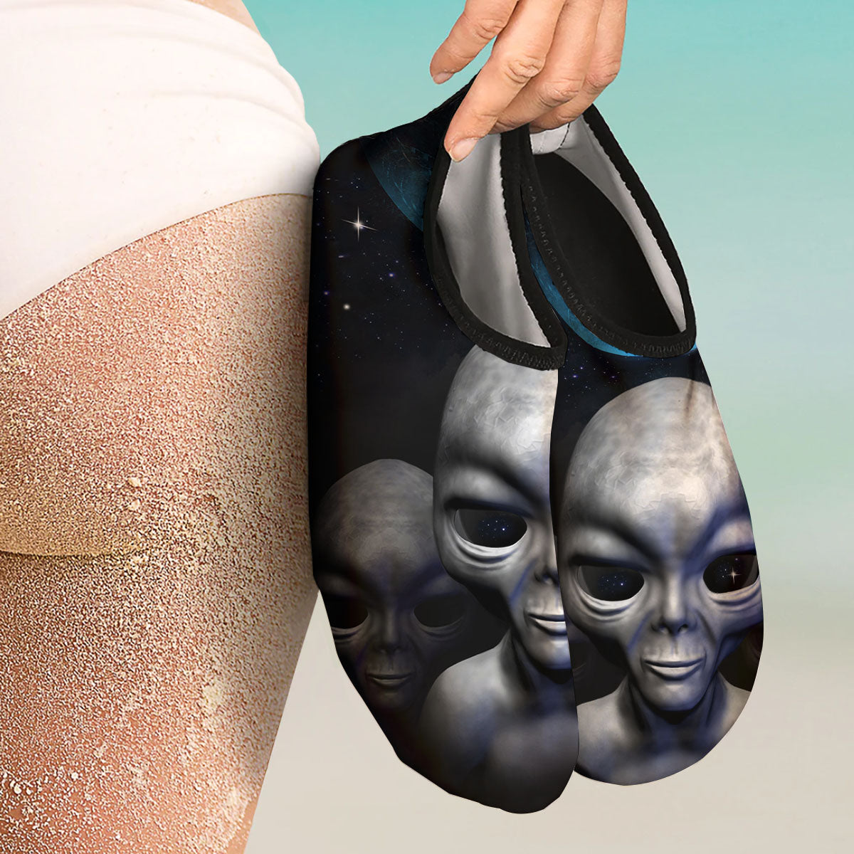 3D Grey Alien Print Water Shoes-grizzshop
