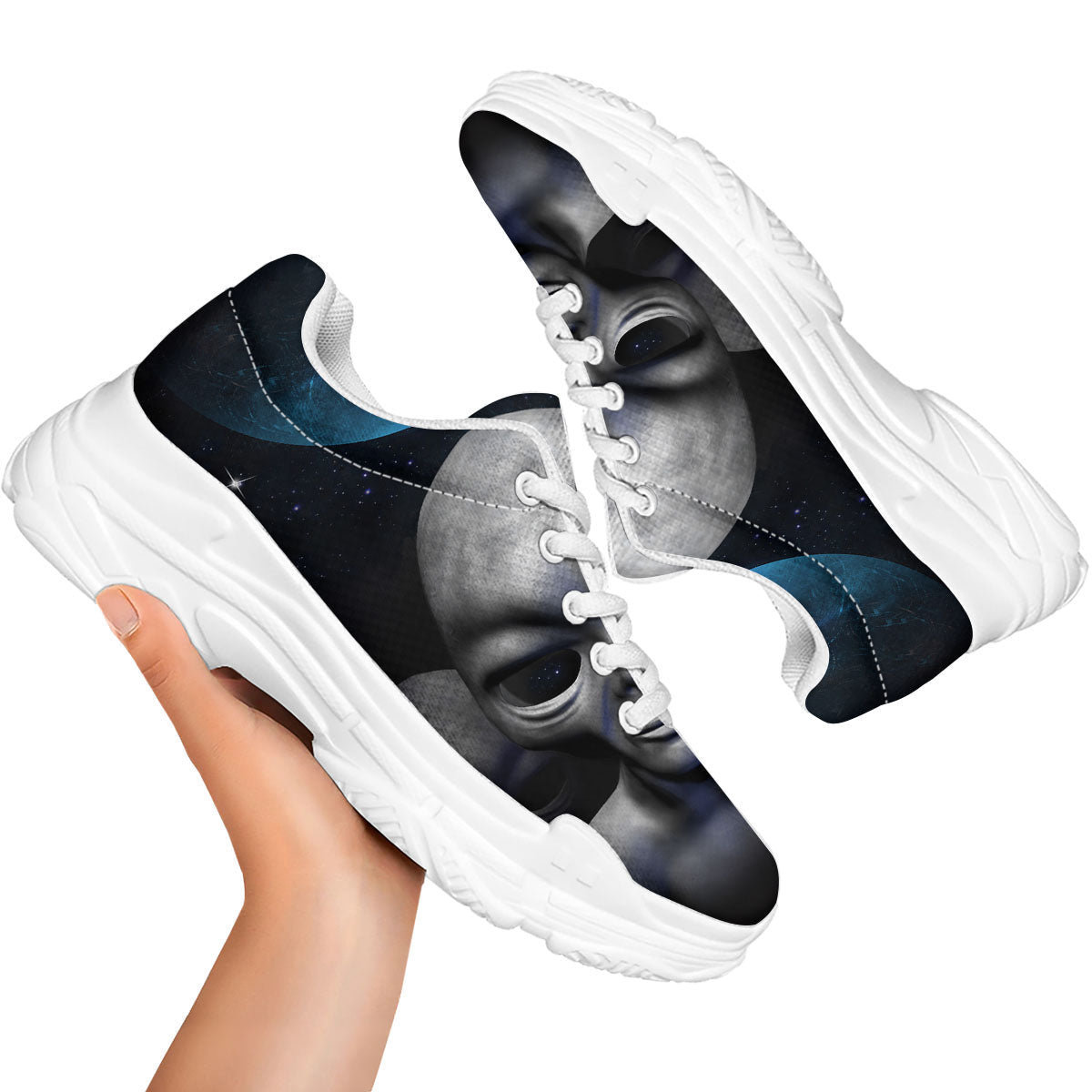 3D Grey Alien Print White Chunky Shoes-grizzshop