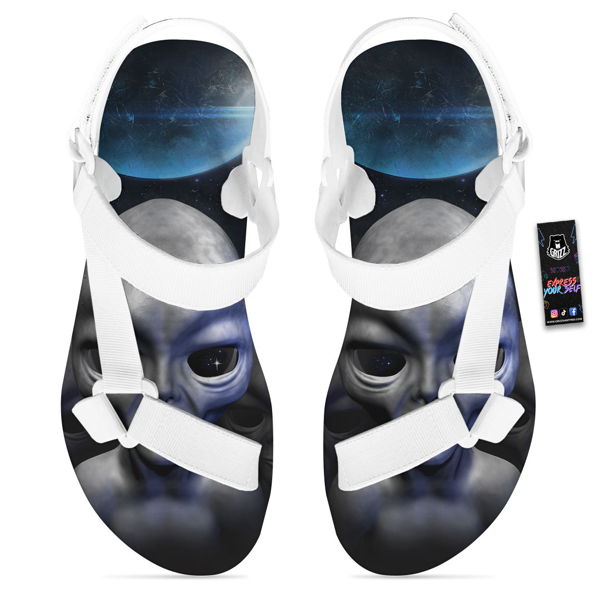 3D Grey Alien Print White Open Toe Sandals-grizzshop