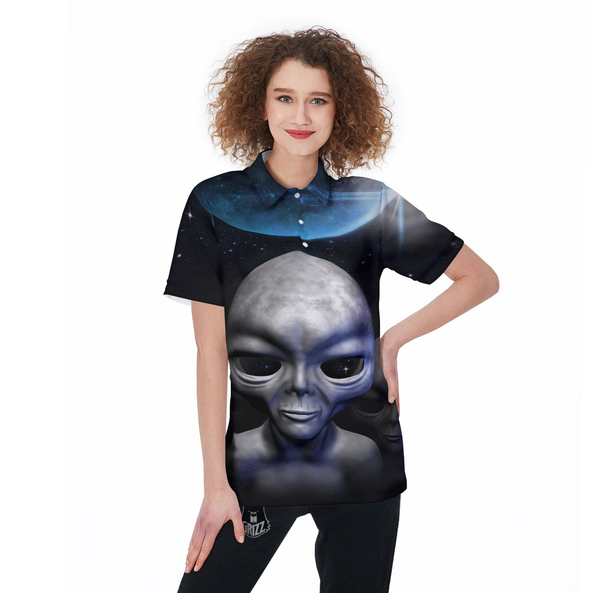 3D Grey Alien Print Women's Golf Shirts-grizzshop