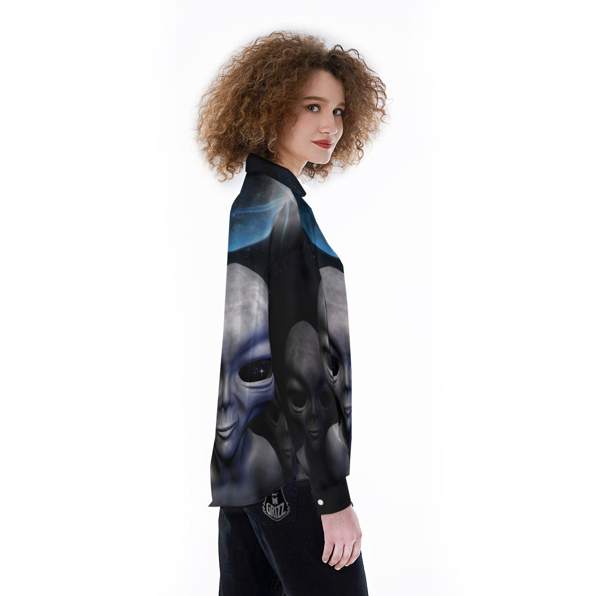 3D Grey Alien Print Women's Long Sleeve Shirts-grizzshop