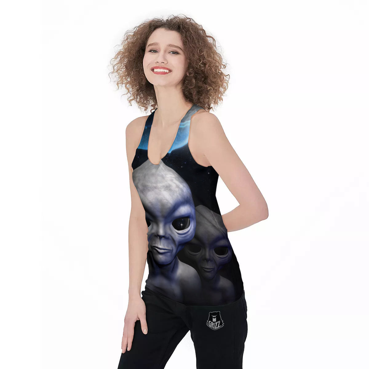 3D Grey Alien Print Women's Racerback Tank Top-grizzshop