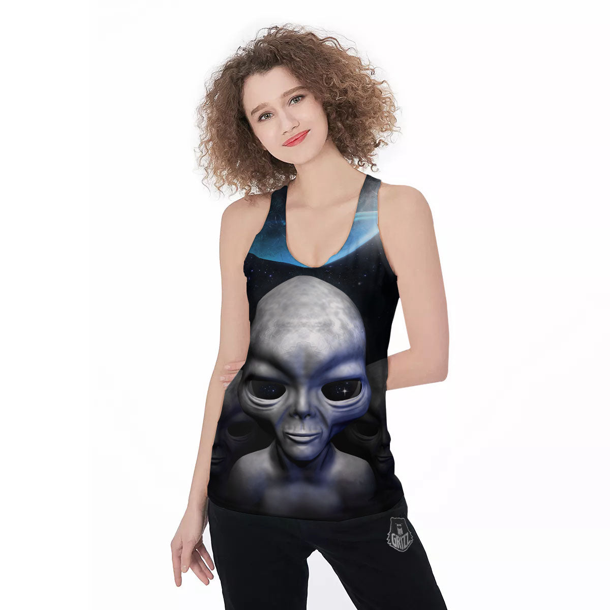 3D Grey Alien Print Women's Racerback Tank Top-grizzshop