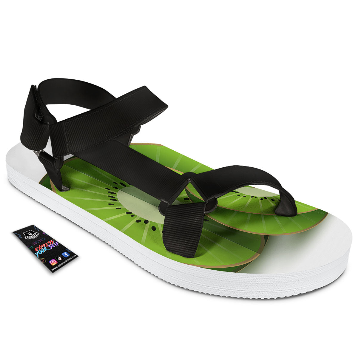 3D Kiwi Print Black Open Toe Sandals-grizzshop