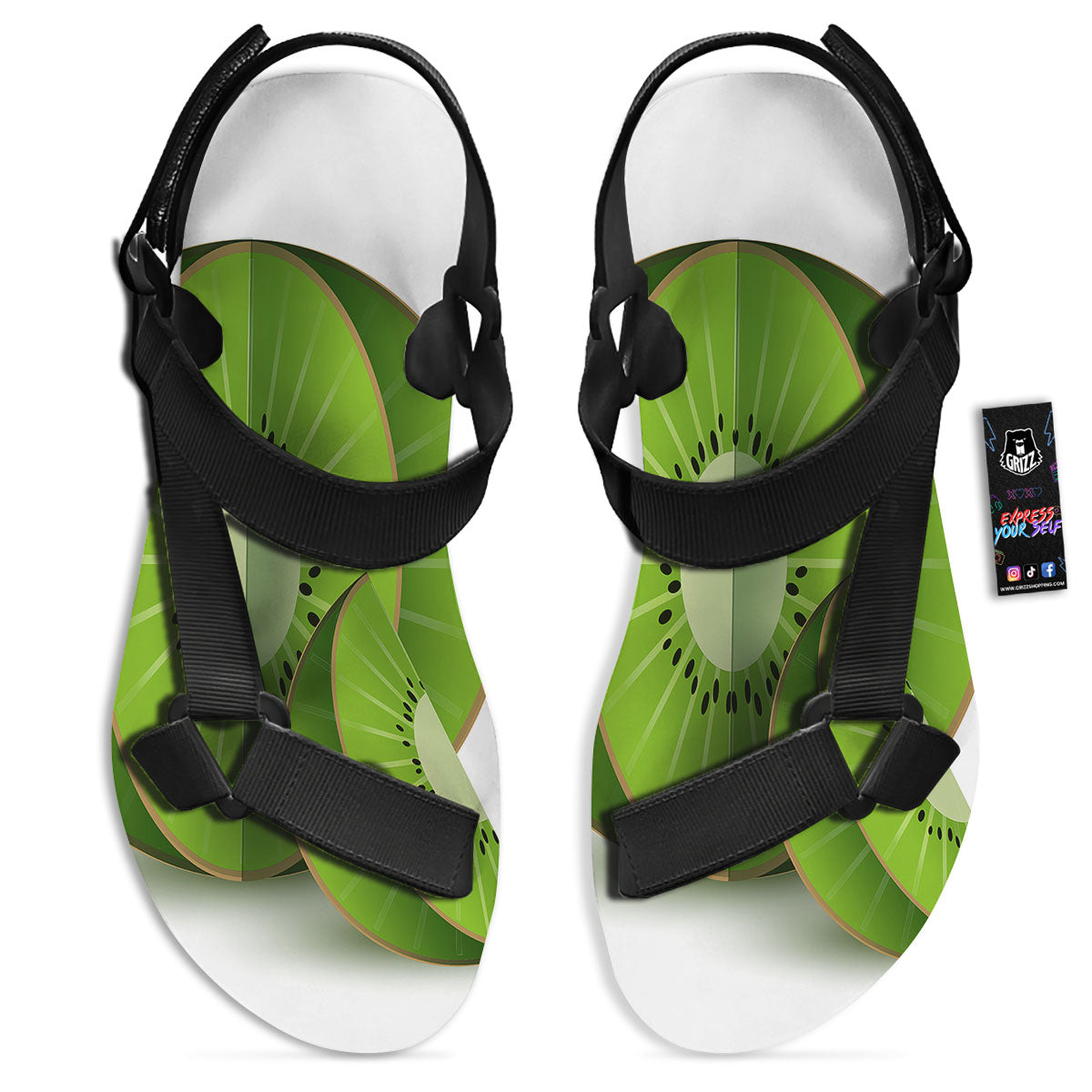 3D Kiwi Print Black Open Toe Sandals-grizzshop