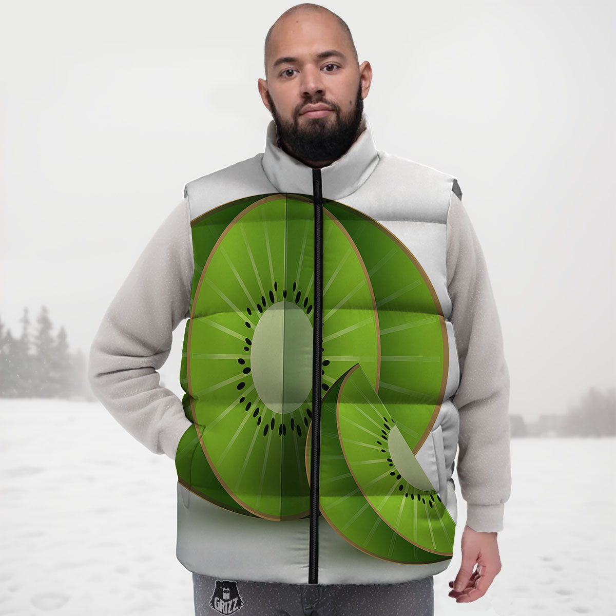 3D Kiwi Print Down Vest-grizzshop