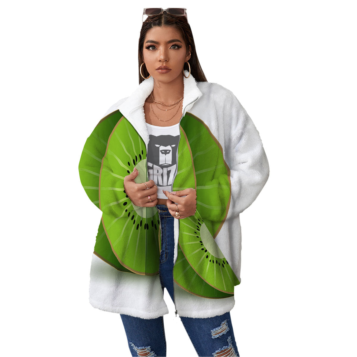 3D Kiwi Print Women's Sherpa Jacket-grizzshop