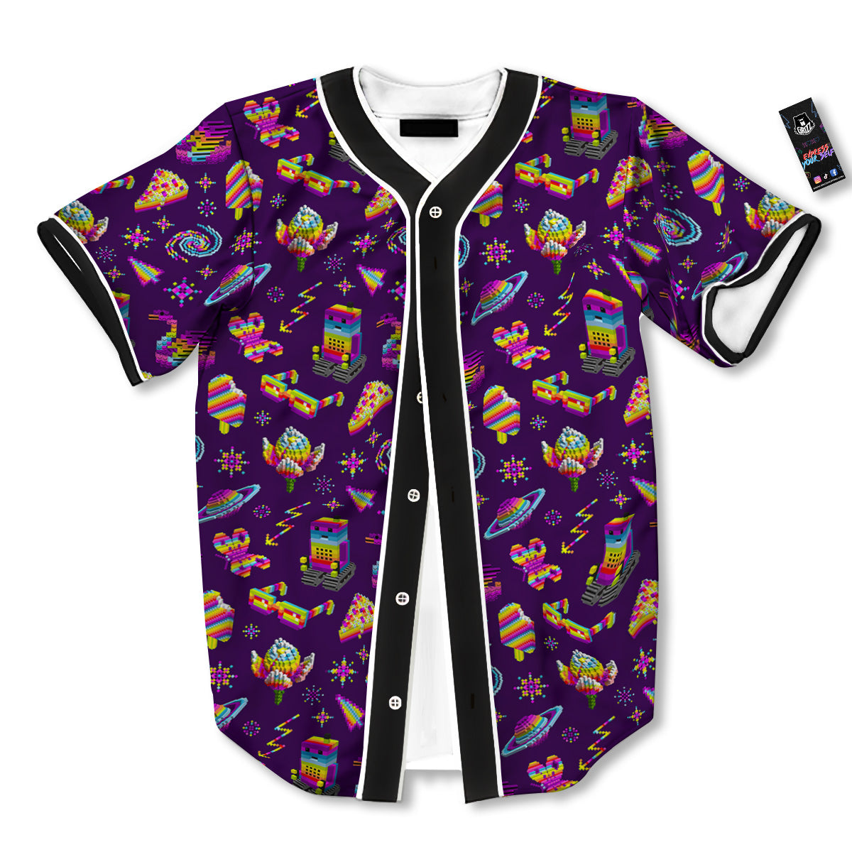 3D Pixel Cartoon Print Pattern Baseball Jersey-grizzshop