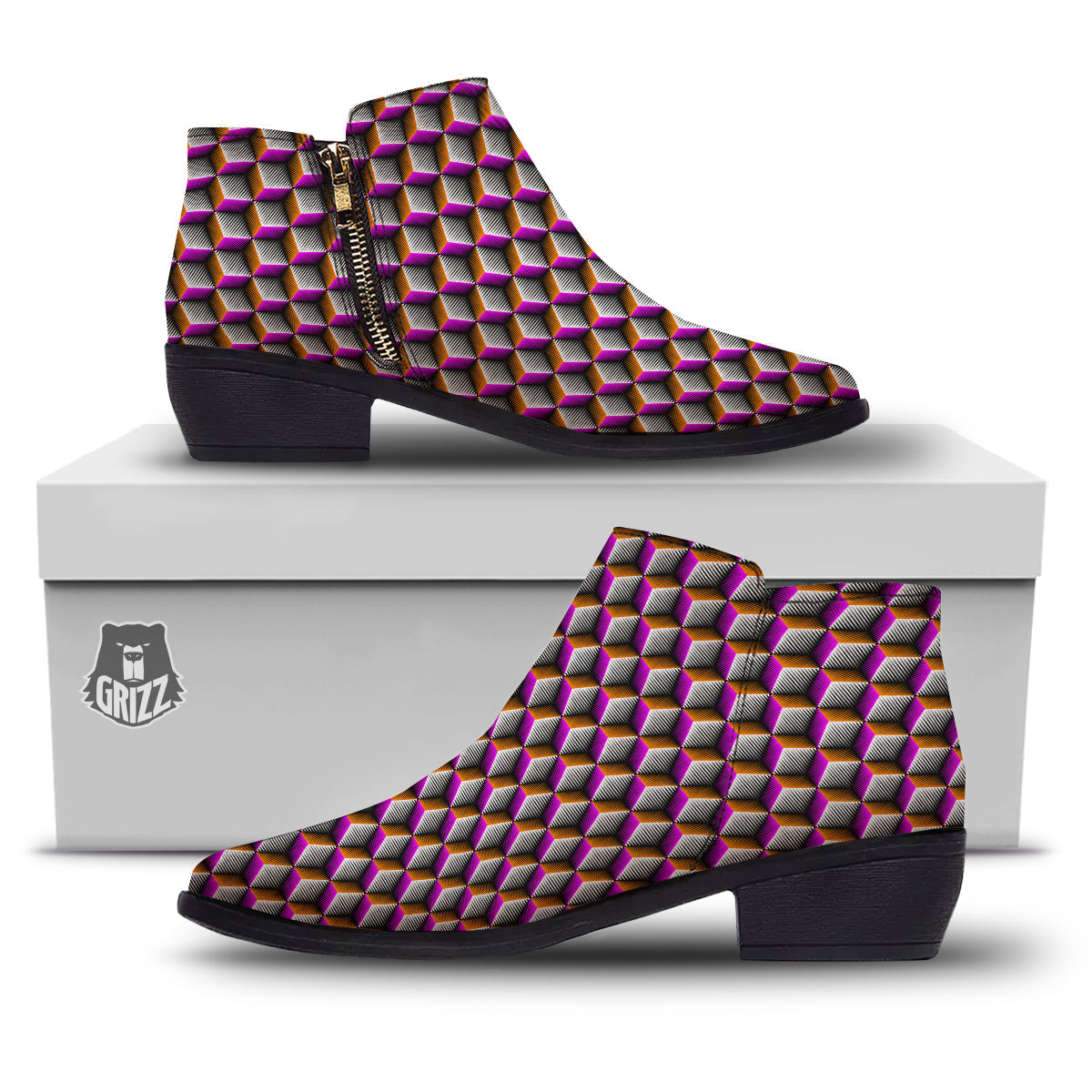 3D Rhombus Print Pattern Ankle Boots-grizzshop