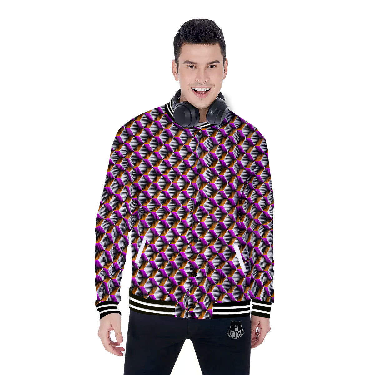 3D Rhombus Print Pattern Baseball Jacket-grizzshop