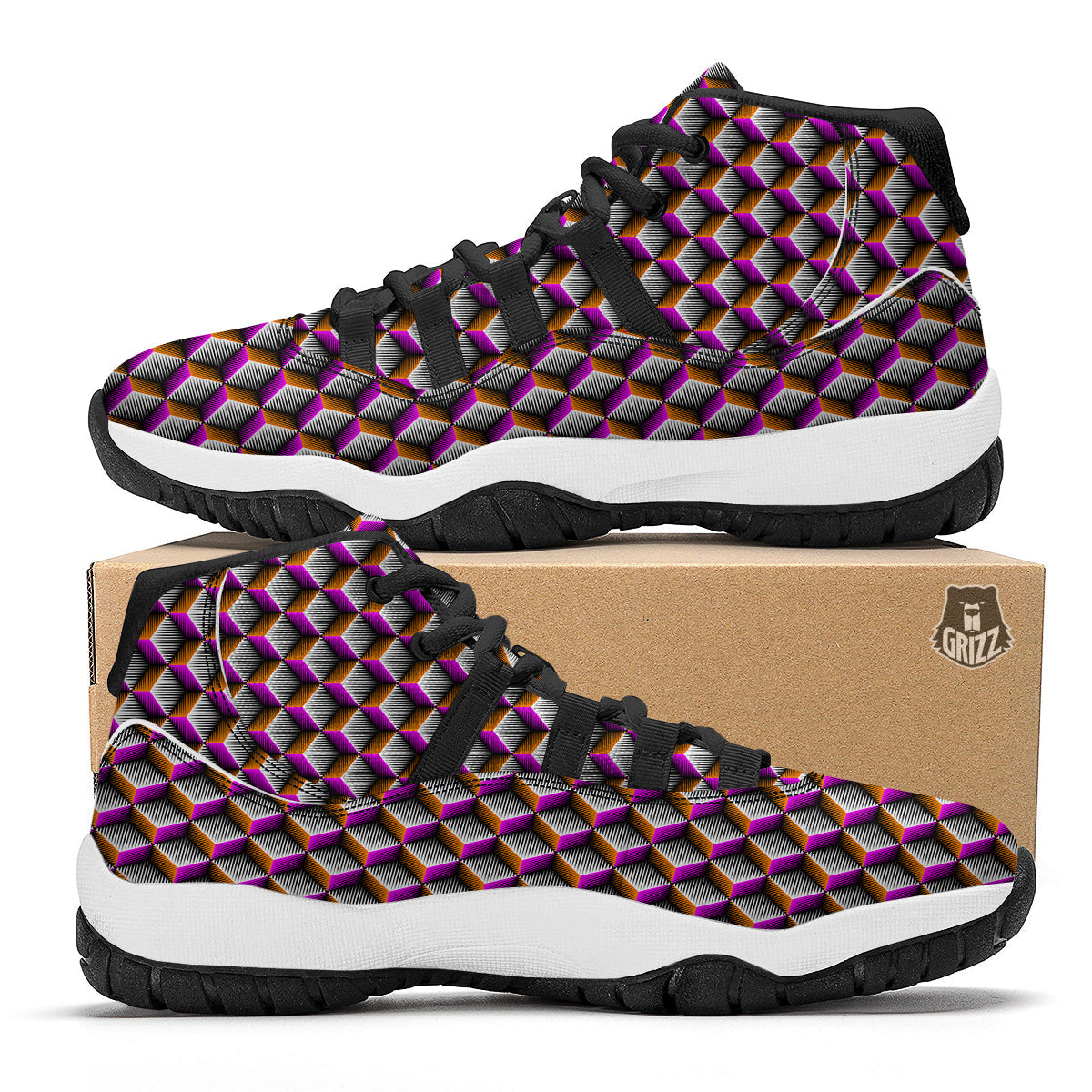 3D Rhombus Print Pattern Black Bball Shoes-grizzshop