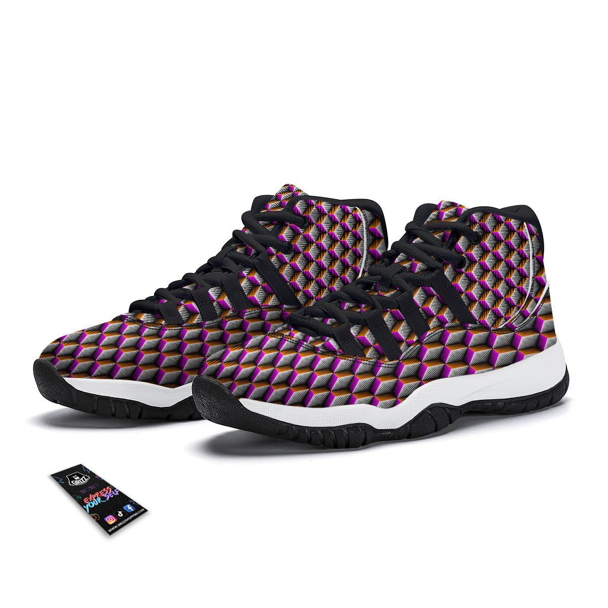 3D Rhombus Print Pattern Black Bball Shoes-grizzshop