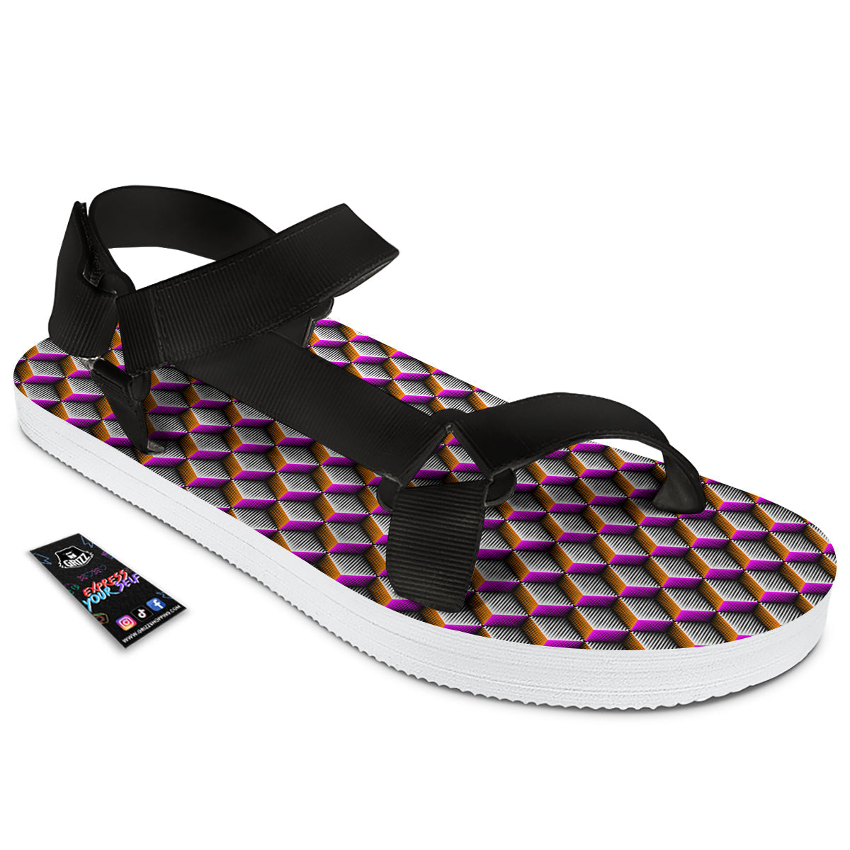 3D Rhombus Print Pattern Black Open Toe Sandals-grizzshop
