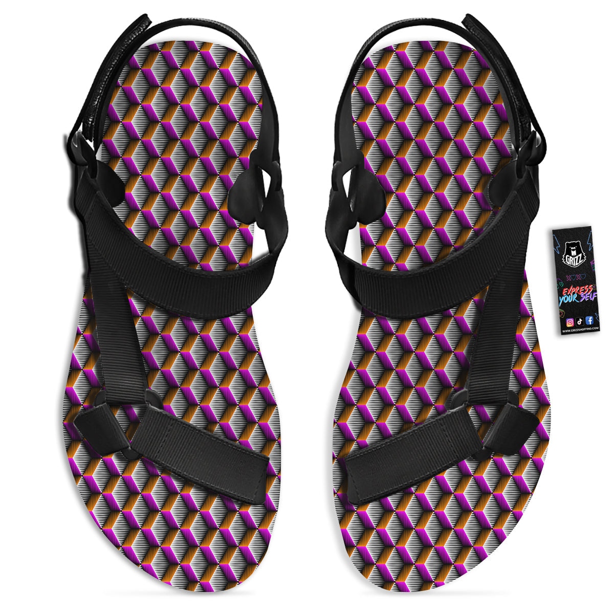 3D Rhombus Print Pattern Black Open Toe Sandals-grizzshop
