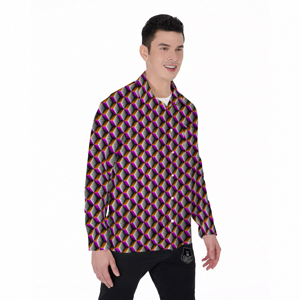 3D Rhombus Print Pattern Men's Long Sleeve Shirts-grizzshop