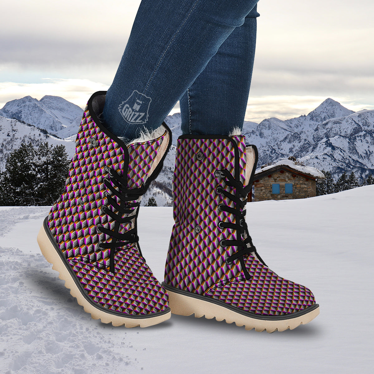 3D Rhombus Print Pattern Snow Boots-grizzshop