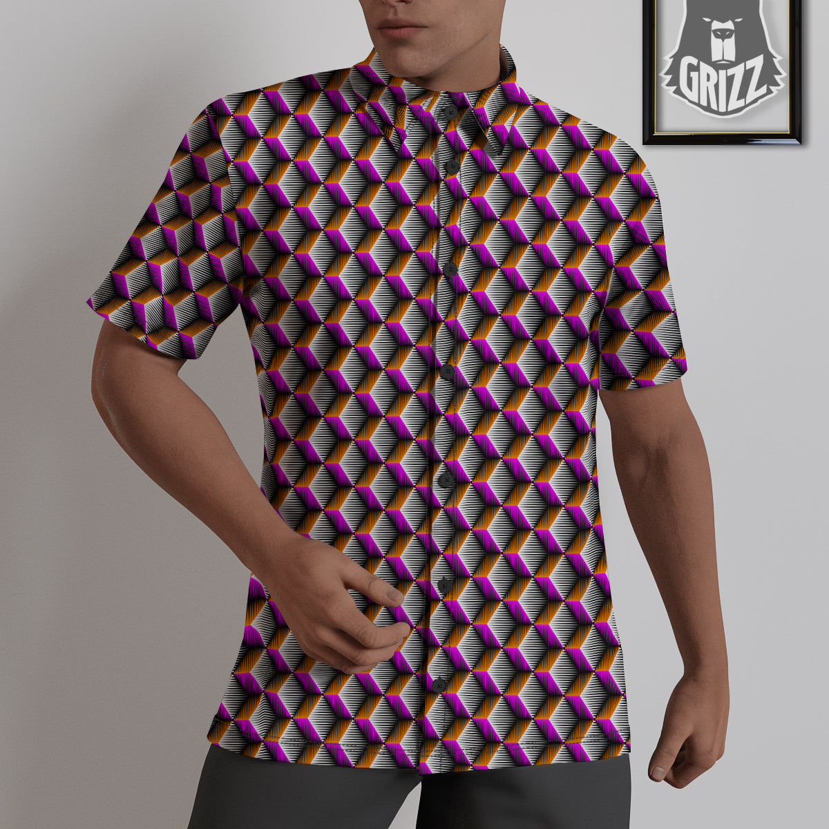 3D Rhombus Print Pattern Untucked Shirts-grizzshop