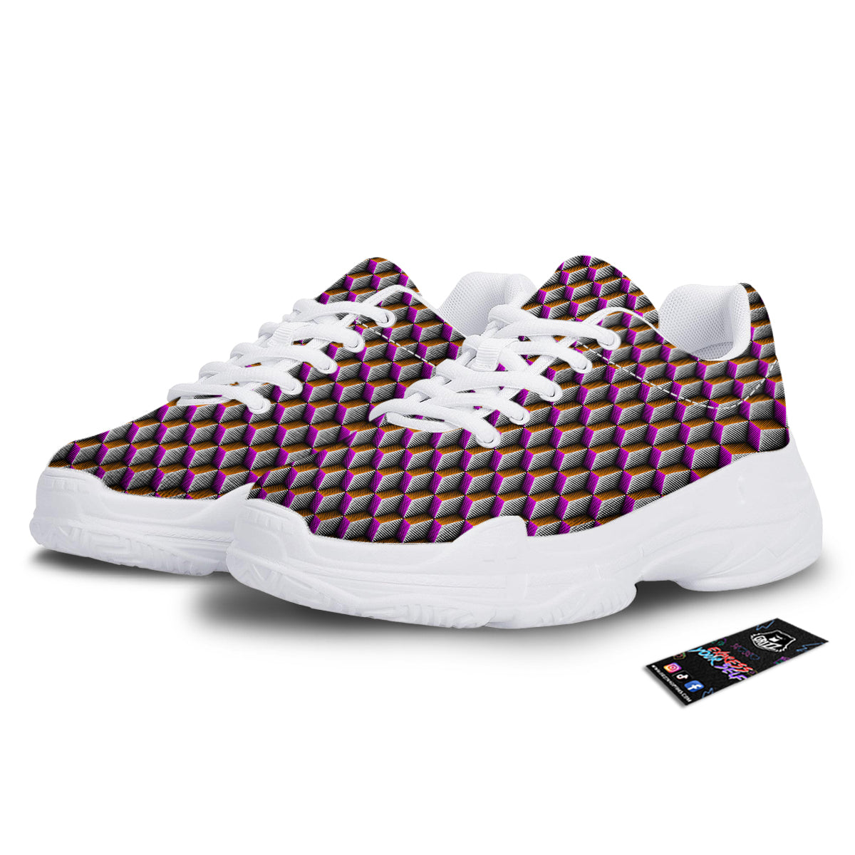 3D Rhombus Print Pattern White Chunky Shoes-grizzshop