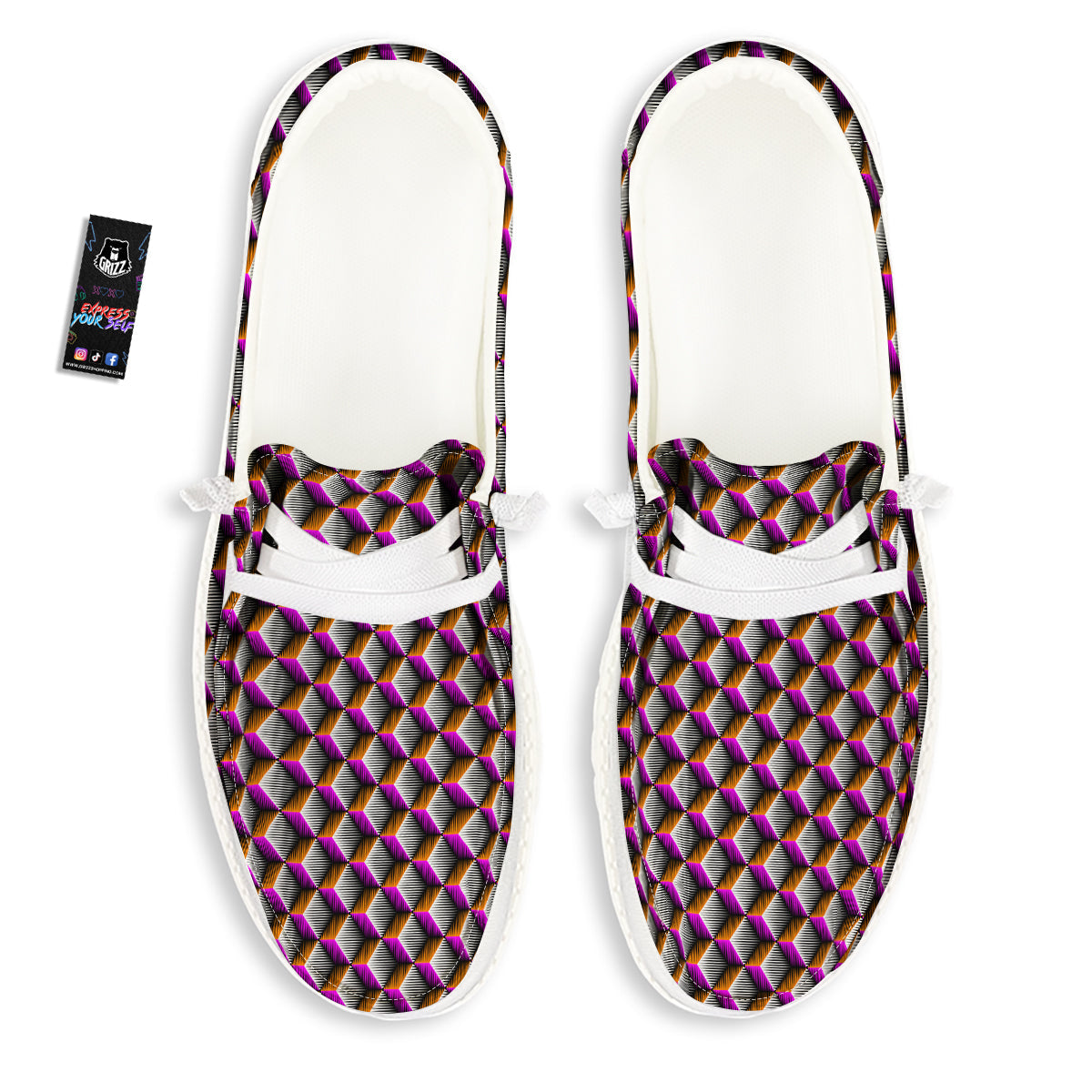 3D Rhombus Print Pattern White Loafers-grizzshop