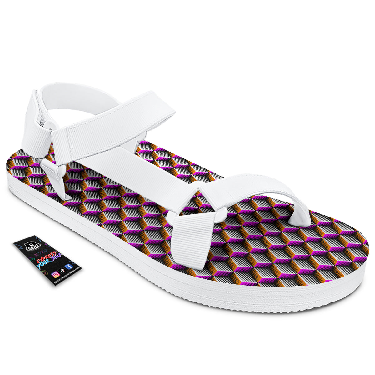 3D Rhombus Print Pattern White Open Toe Sandals-grizzshop