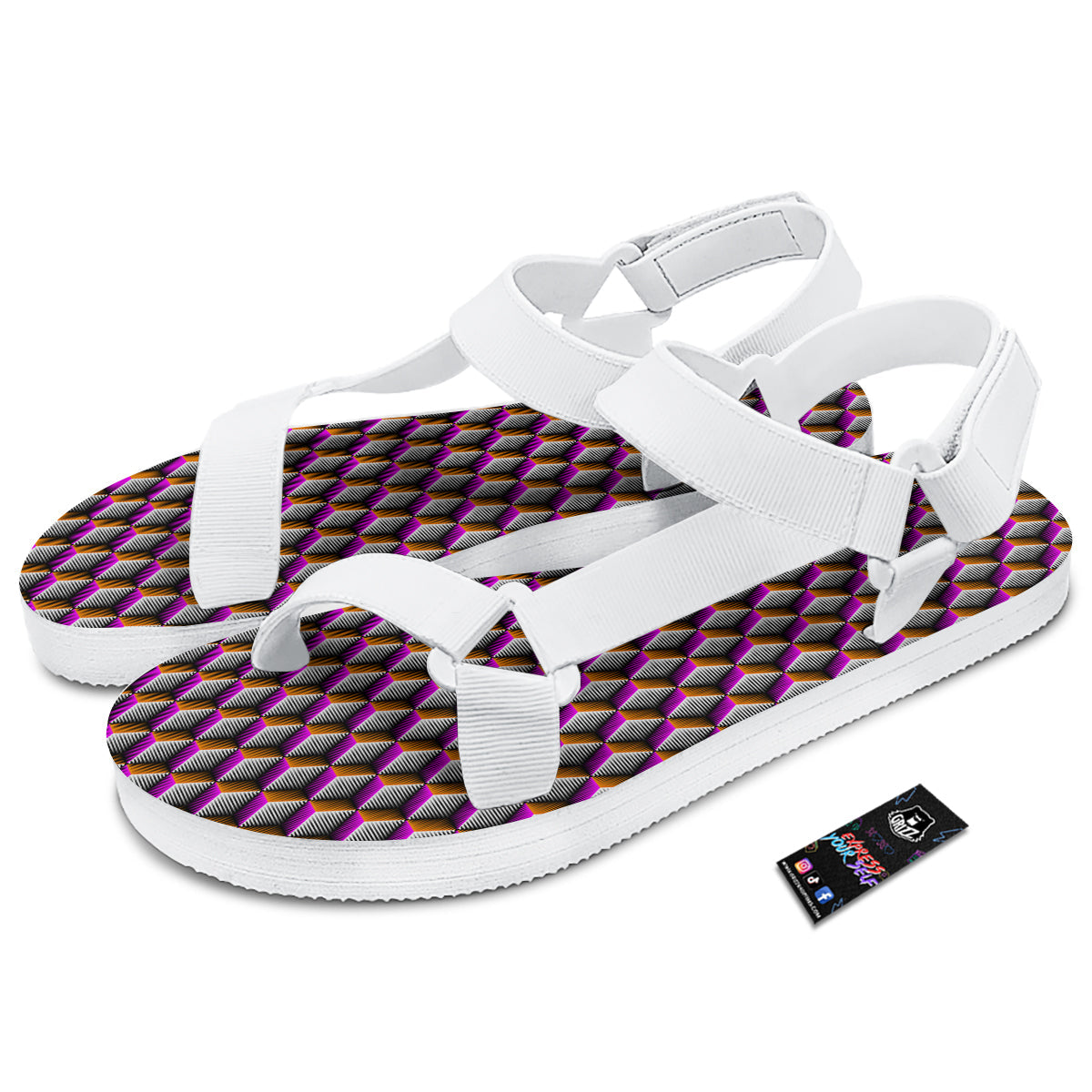 3D Rhombus Print Pattern White Open Toe Sandals-grizzshop
