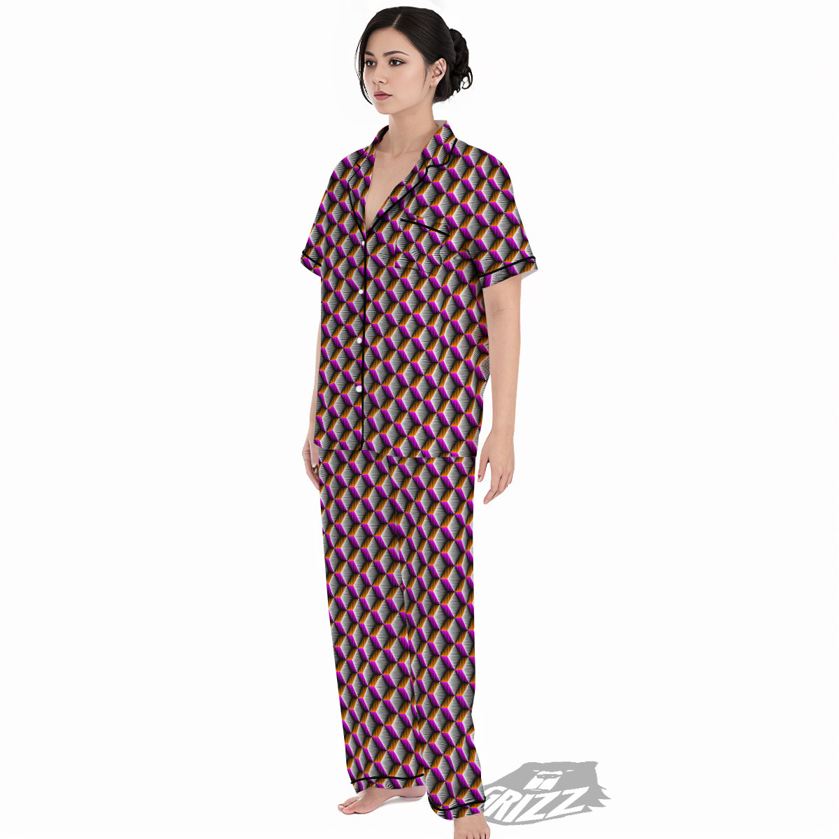 3D Rhombus Print Pattern Women's Pajamas Set-grizzshop
