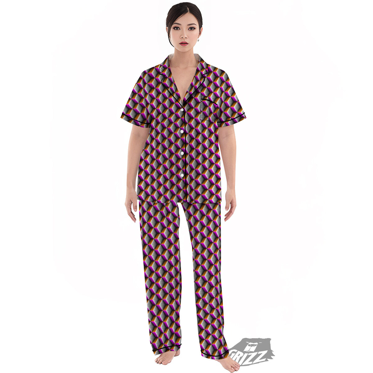 3D Rhombus Print Pattern Women's Pajamas Set-grizzshop