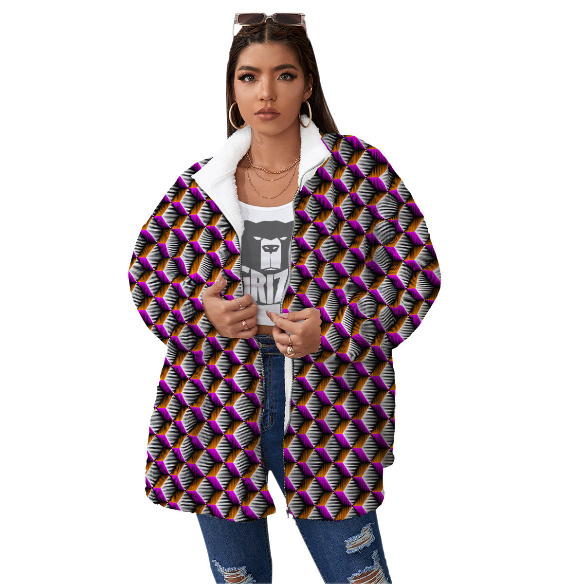 3D Rhombus Print Pattern Women's Sherpa Jacket-grizzshop