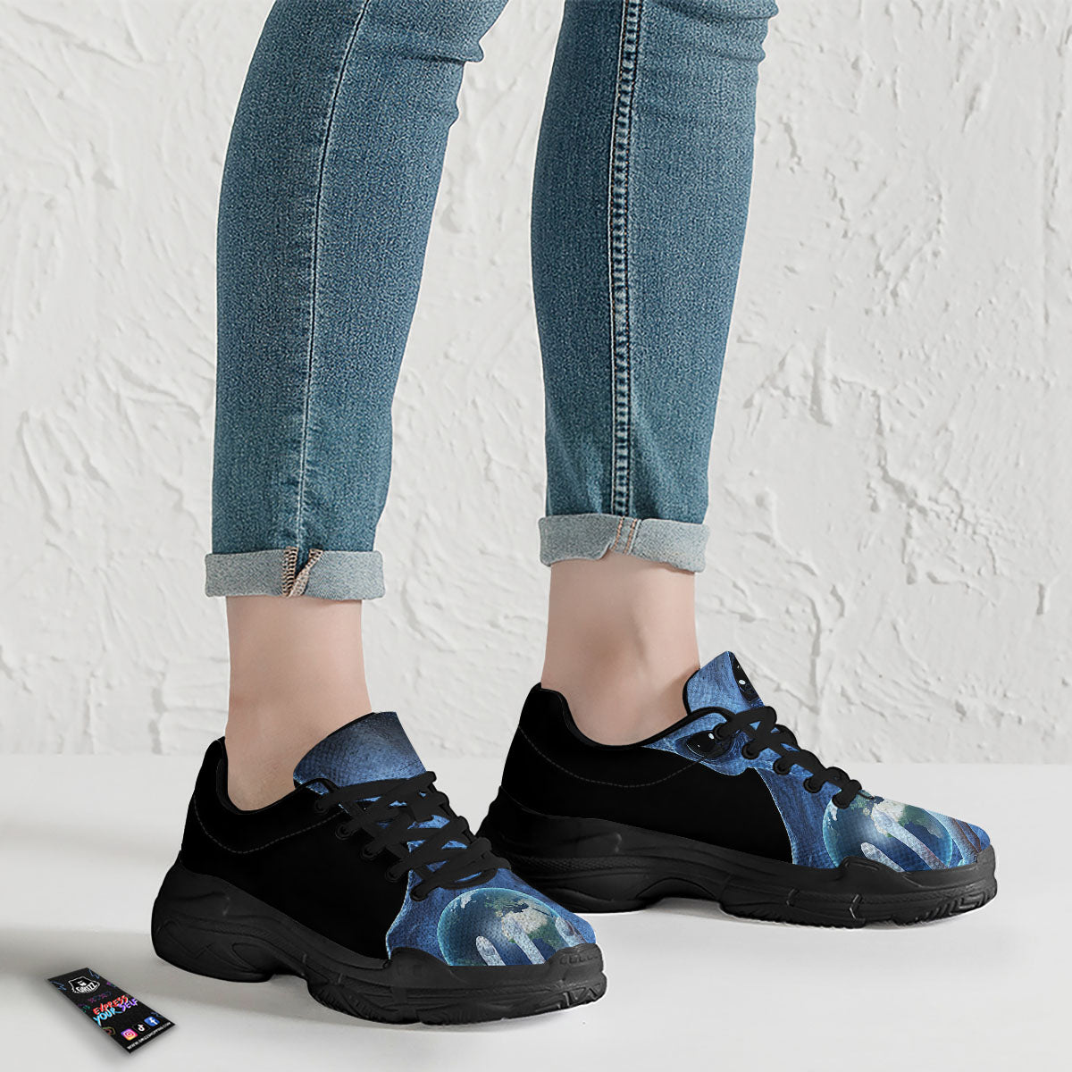 3D Scary Alien Grey Print Black Chunky Shoes-grizzshop