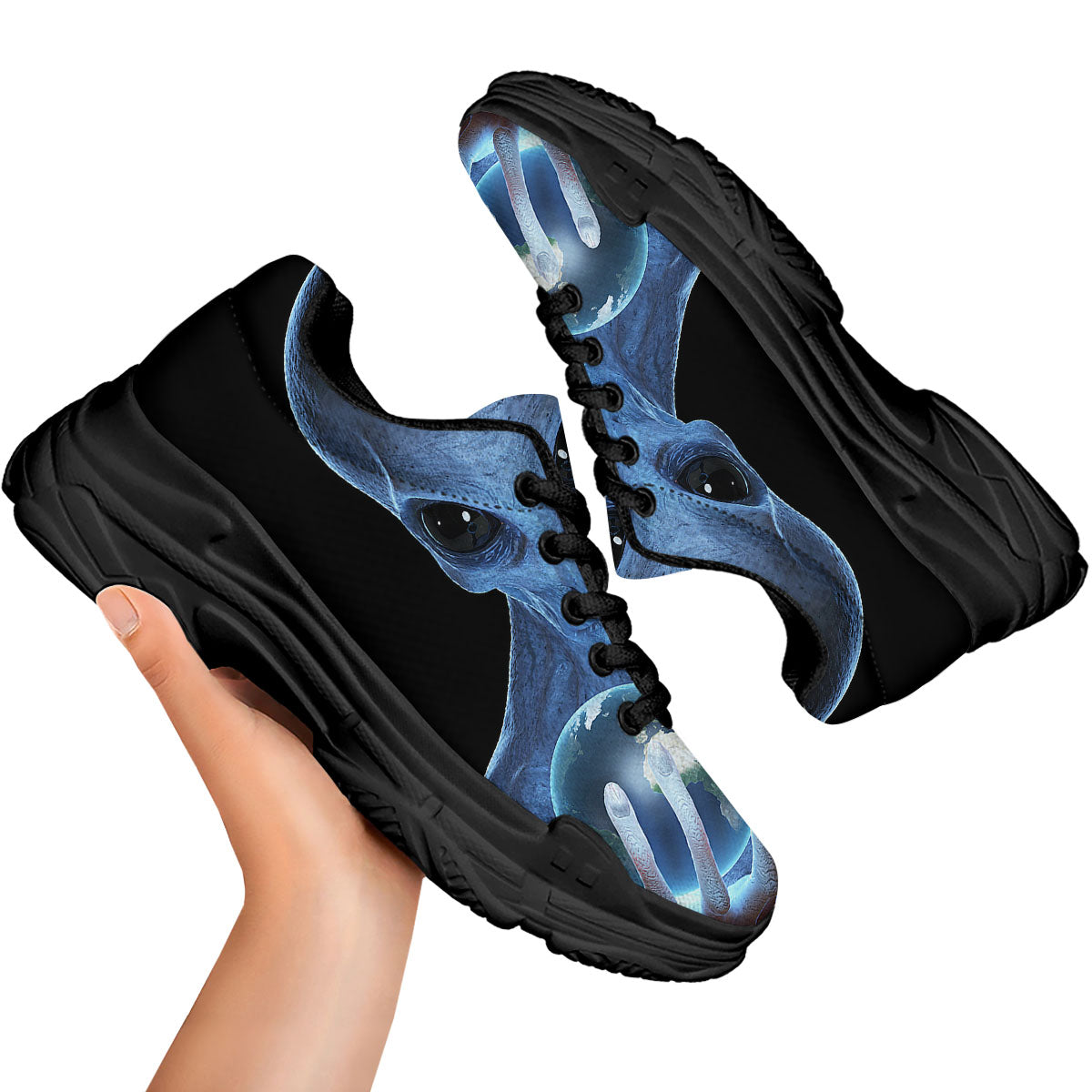 3D Scary Alien Grey Print Black Chunky Shoes-grizzshop
