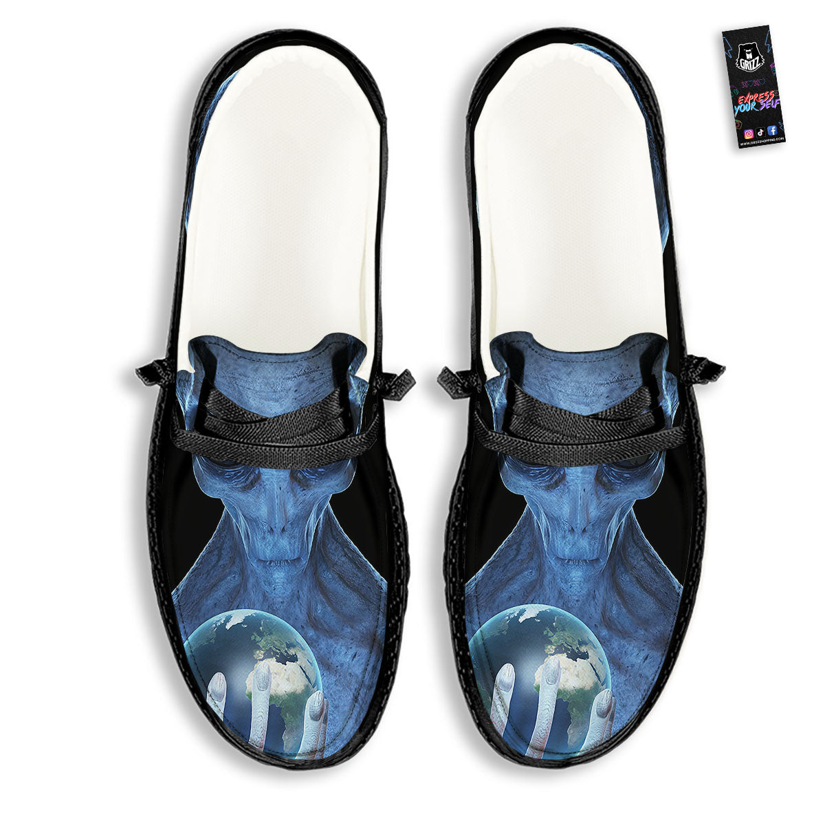 3D Scary Alien Grey Print Black Loafers-grizzshop