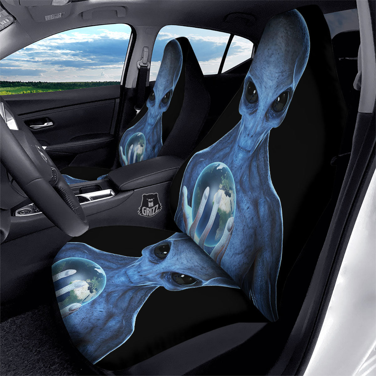 3D Scary Alien Grey Print Car Seat Covers-grizzshop