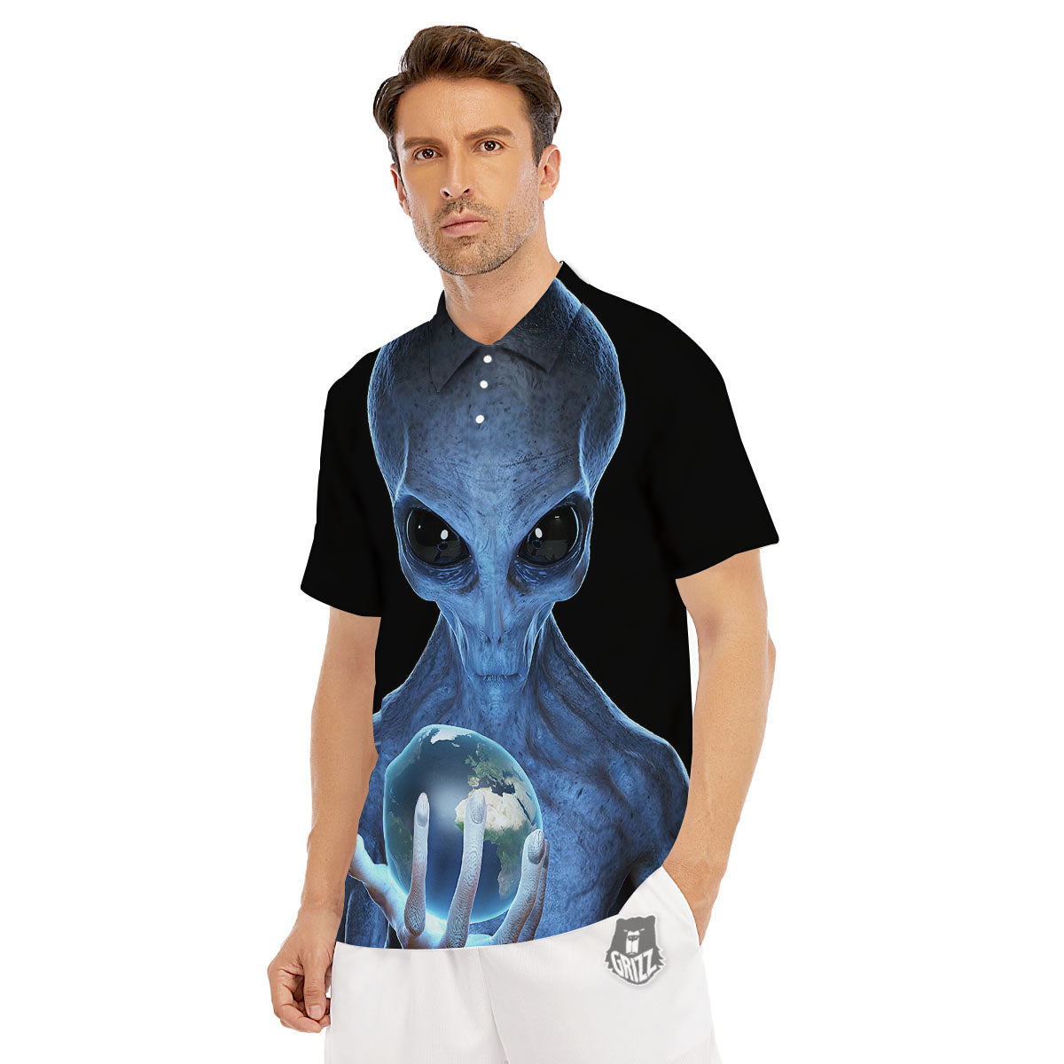 3D Scary Alien Grey Print Men's Golf Shirts-grizzshop