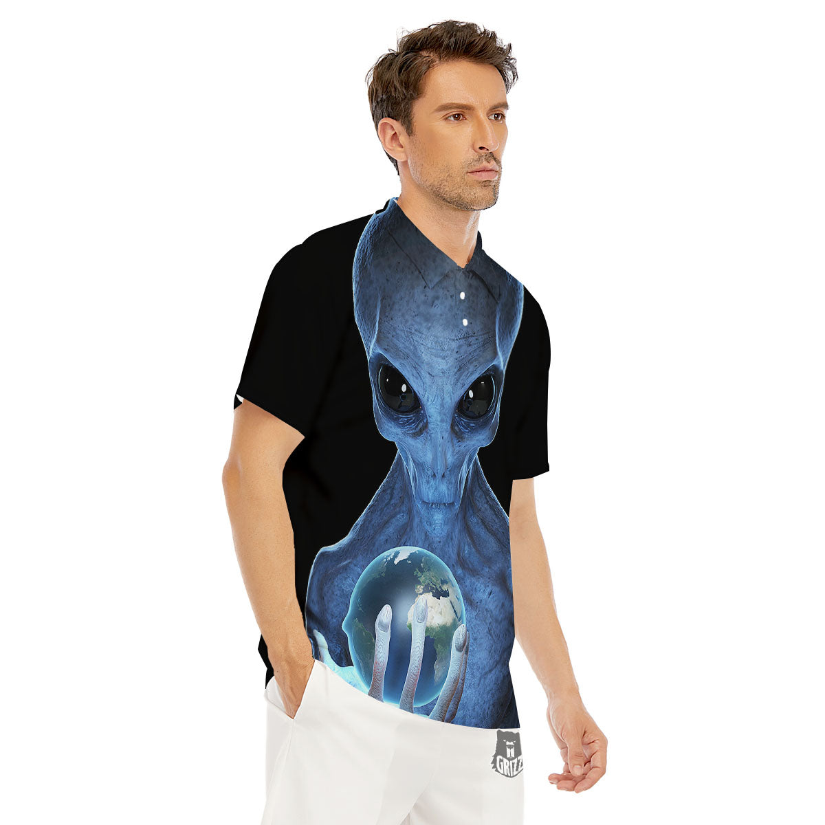 3D Scary Alien Grey Print Men's Golf Shirts-grizzshop