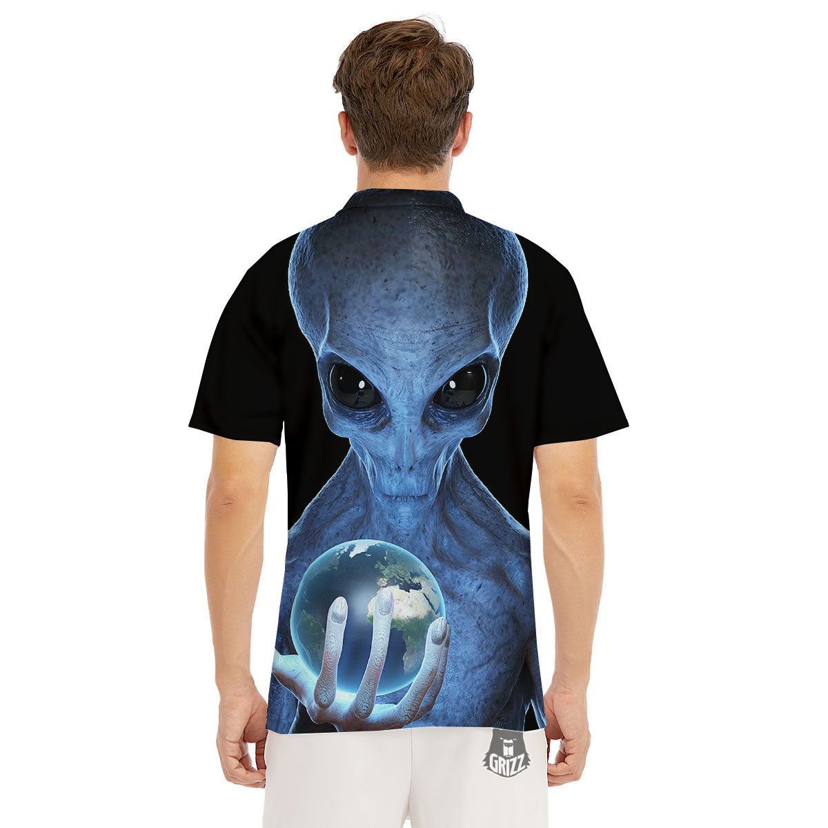 3D Scary Alien Grey Print Men's Golf Shirts-grizzshop